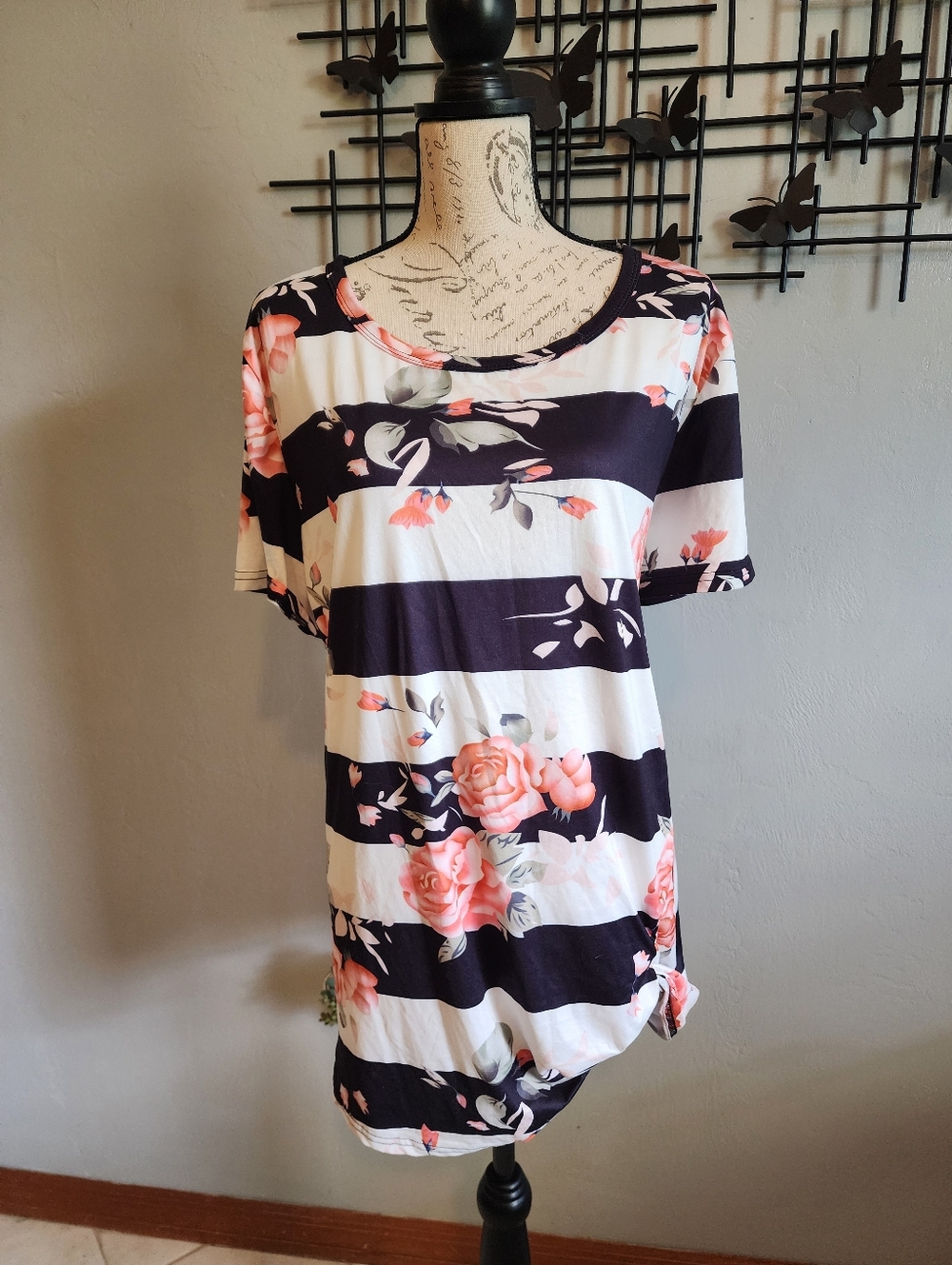 3 For $15! Floral Stripe Short Sleeve Women's Top
